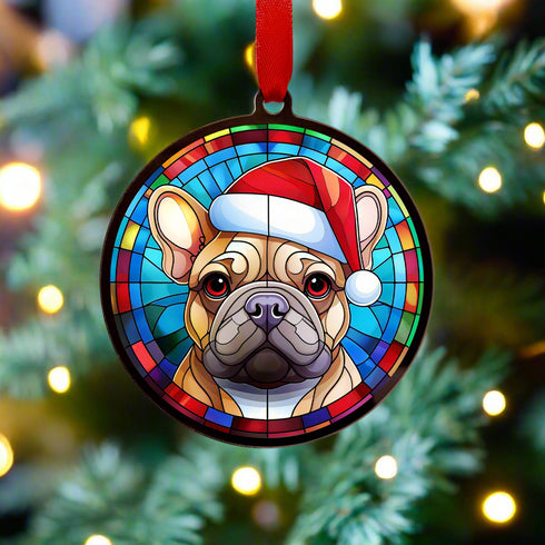 French Bulldog Tan in Santa Hat Suncatcher Decoration